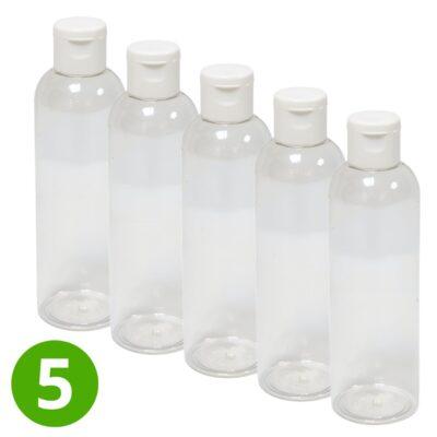 5x Plastic Fles 200 ml Witte dop – Transparant – PET – BPA vrij