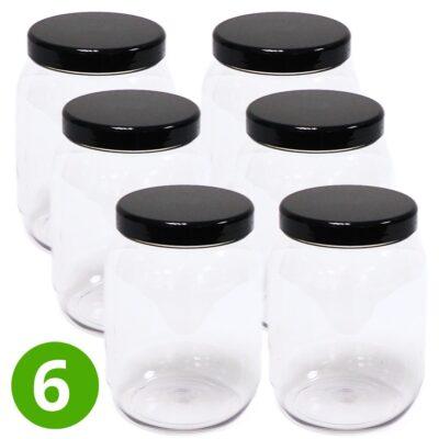 6x Ronde Pot 1500ml met zwarte Dop – Transparant – PET – Voedselveilig