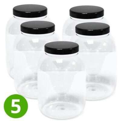 5x Ronde Pot 3000ml met Zwarte Dop – Transparant – PET – Voedselveilig